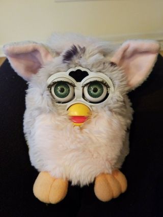 1998 Tiger Electronics Furby Grey With Black Spots Pink Inside Ears Green Eyes