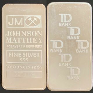 Rare • Td Bank • Johnson Matthey • 10 Oz Silver Bar.  999 Fine Serial 5159