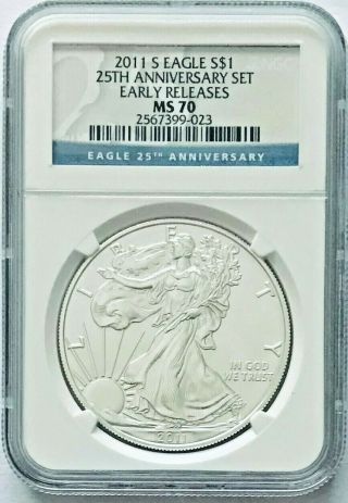 2011 S Burnished Silver Eagle 25th Anniv.  Set Er Ngc Ms 70 With S Mark