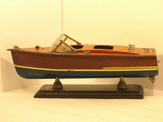 Vintage Chris Craft Style Wood Model Boat 14 " Blue Bottom -