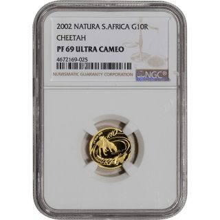 2002 South Africa Gold Proof 1/10 Oz 10 Rand - Natura Cheetah - Ngc Pf69 Ucam