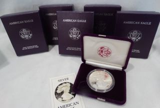 Set Of 5 1986 Silver American Eagles 1 Oz In Collector Case W/coa