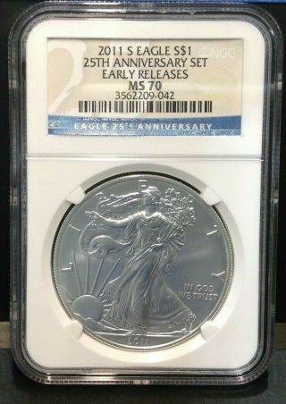 2011 - S Silver American Eagle 25th Anniversary Set Early Release Ngc Ms 70