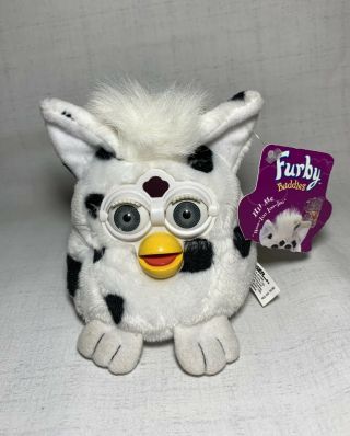 1999 Furby Buddies " Happy Joke " White With Black Spots Gray Eyes Plush Toy
