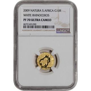 2009 South Africa Gold Proof 1/10 Oz 10 Rand Natura White Rhinoceros - Ngc Pf70