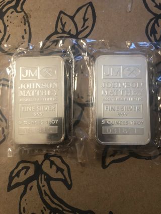 2 X 5 Oz Jm Johnson Matthey 999 Consecutive Serial Silver Bars - Factory
