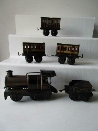 Early Bing O Gauge Live Steam 0 - 4 - 0 Lnwr Locomotive,  Tender & 3 Tinplate Coaches