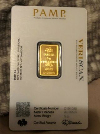 5 Gram Gold Bar - Pamp Suisse Au 999.  9 Veriscan