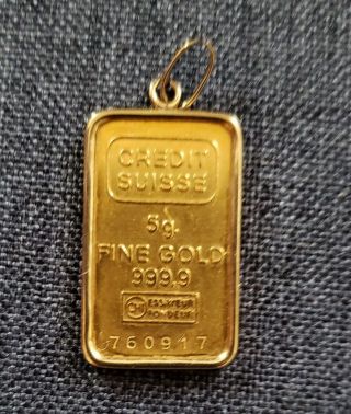 5 Gram Fine Gold Bar Credit Suisse 999.  9 Pendant