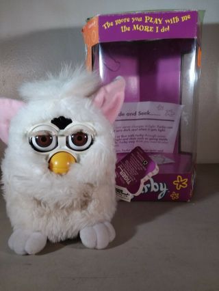 Furby Model 70 - 800 1998 With Tag And Box White With Pink Ears
