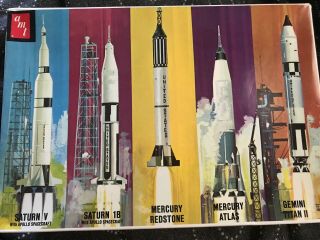 Amt 1/200 Scale Man In Space,  Five Complete Nasa Rocket Kits Open