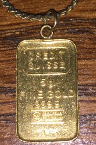 Credit Suisse 5 Grams 999.  9 Fine Gold Bar Pendant Solid Gold With Chain