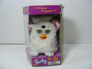 Vintage 1998 Tiger Electronics 70 - 800 White Green Eyed Furby W/ Papers & Box.  2