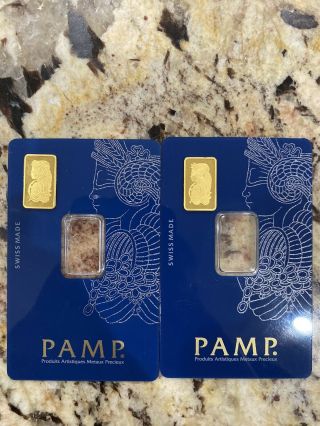 (2) 2.  5 Gram Gold Bar - Pamp Suisse - Fortuna - 999.  9 Fine Opened Assay