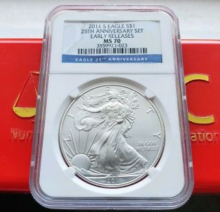 2011 S American Silver Eagle Coin Ngc Ms70 Er 25th Anniversary Set - 1 Oz.  999