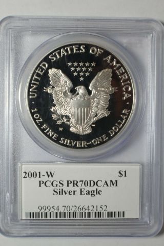 2001 W Proof Silver Eagle Pcgs Pr70 Dcam Mercanti Signed Label 152