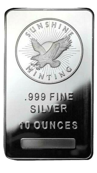 10 Oz Sunshine Silver Bar.  999 Fine With Security Mintmark -