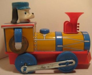Old 1960s Battery Operated Tin & Plastic Train W/ Dog Conductor & Cymbals M.  T.