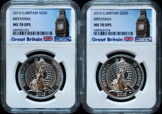 2 - 2015 Great Britain Silver £50 Pound Britannia Ms 70 Deep Proof Like Coins