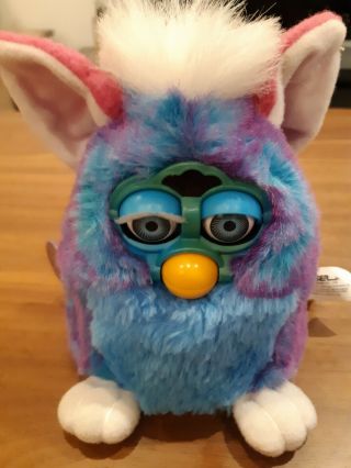 1999 Tiger Furby Babies Blue/pink/puple With White Hair And Tail.  Blue Eyes.