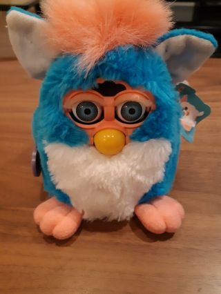 1999 Tiger Furby Babies Blue/white With Pink Hair And Tail.  Blue Eyes.