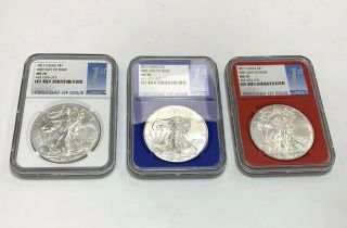 2017 Silver American Eagle First Day Issue Set 3 Coins Ms70 Red White Blue