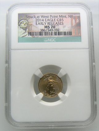 2014 Struck At West Point 1/10 Oz $5 American Eagle Gold Coin Ngc Ms 70 Early Re