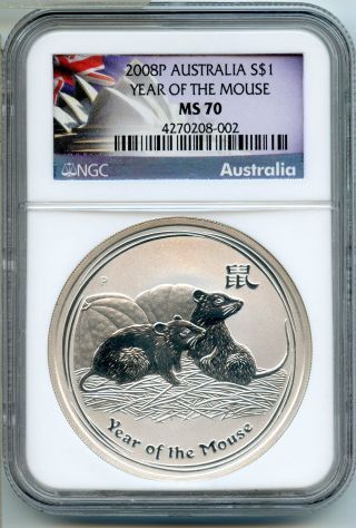 2008 - P Australia Year Of Mouse 1 Oz Silver Ngc Ms 70 Certified Coin Bg443