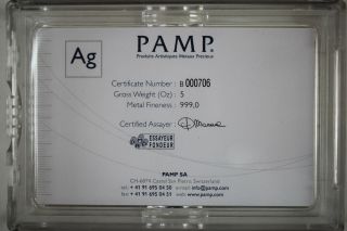 5 oz.  999 Fine Pamp Suisse Silver Bar In Assay - Lady Fortuna 2