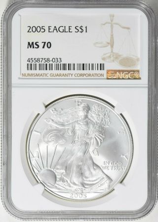 2005 $1 American Silver Eagle Ngc Ms70 Brown Label 033
