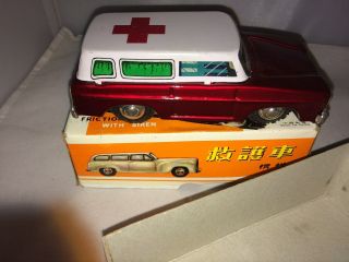 Vintage Tin Toy Ambulance Friction With Siren Red Cross Made In China Mf 732 Box