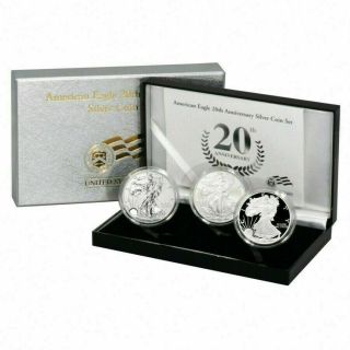 2006 American Silver Eagle 3 Coin 20th Anniversary Set With All Ogp.  999 Silver