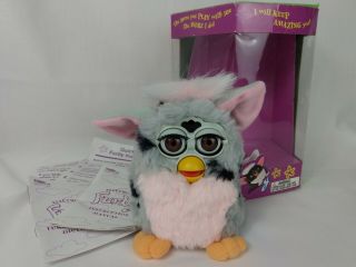 Non 1998 Electronic Furby 70 - 800 Grey Pink Tiger Tag Box Instruction