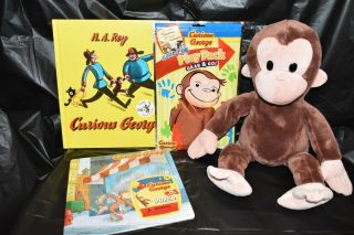 17 " Curious George Plush Doll By Applause,  Book,  Puzzle,  Dvd & Playpack Euc