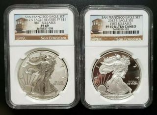 2012 S $1 Silver American Eagle Reverse Proof Ngc Pf 69 San Francisco 2 Coin Set