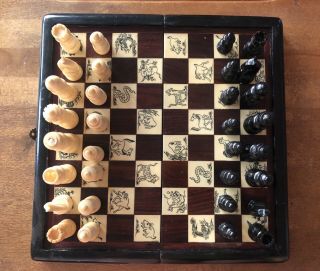 Vintage Vietnamese Wood & Bone With Animal Etchings Travel Chess Set