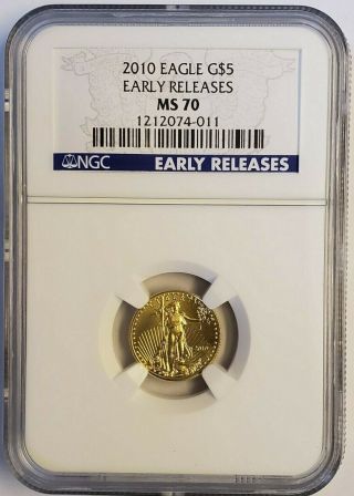 2010 $5 American Gold Eagle Design 1/10th Oz.  Coin Early Releases Ngc Ms - 70
