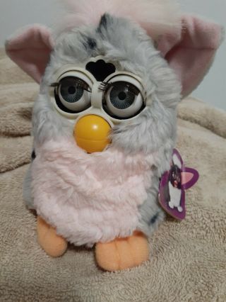 Furby Tiger Model 70 - 800 1998 Grey Spotted,  Pink Hair And Tail With Booklet