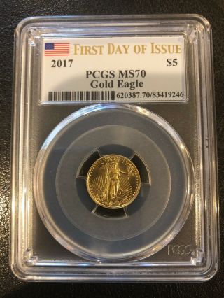 2017 American Gold Eagle 1/10 Oz $5 - Pcgs Ms70 First Day Of Issue Flag Label