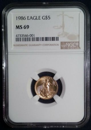 1986 American Gold Eagle $5 Ngc Graded Ms 69 1/10 Oz Fine Gold