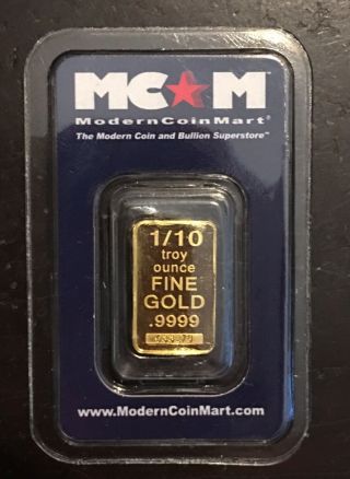 . 10 Tr Oz.  999 Gold Bar In Assay 3.  11 Grams (1/10 Tr Oz) Moderncoin Mart Bar