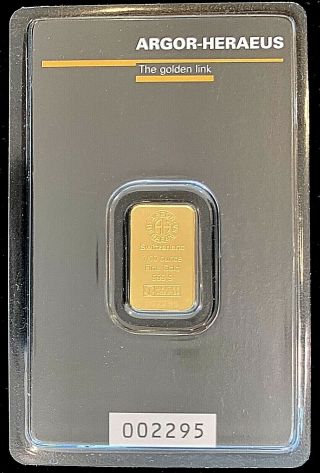 1/10 Oz Gold Bar - Argor Heraeus -.  9999 Fine In Assay Serial 002295