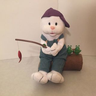 Gemmy - Animated - Fishing - Bunny On Log W Frogs - Sings " Polly Wolly Doodle "