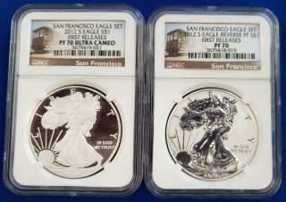 2012 - S San Francisco Silver Eagle 2 Coin Set Both Ngc Pf70 " First Releases "