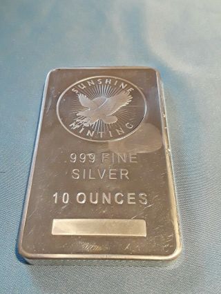 10 Oz.  999 Fine Silver Bar / Sunshine Minting Inc.  Ten Troy Ounces Silver Eagle