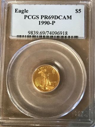 1990 P Gold Us American Eagle $5 Dollar Coin 1/10 Oz Pcgs Proof 69 Deep Cameo