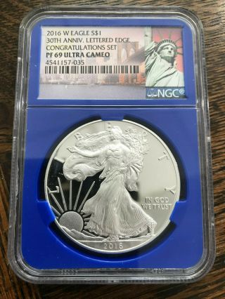 2016 W 1 Oz Silver American Eagle $1 Ngc Pf 69 30th Congratulations Set