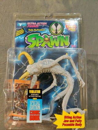 Spawn,  Violator,  1994 Todd Mcfarlane Action Figure W/ Comic Lightning Background