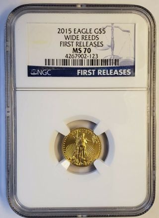 2015 $5 1/10 Oz Gold American Eagle Ngc Ms 70 Wide Reeds First Releases