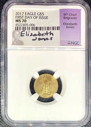 2017 American Gold Eagle 1/10 Oz $5 Ngc First Day Of Issue Elizabeth Jones Sig